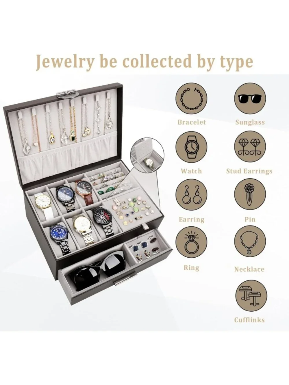 Stylish 2-Layer Jewelry Box Organizer for Men - Watch, Ring & Cufflink Storage